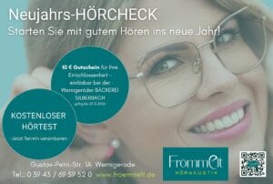 Werbung für kostenlosen Hörtest bei Frömmelt Hörakustik in Wernigerode.
