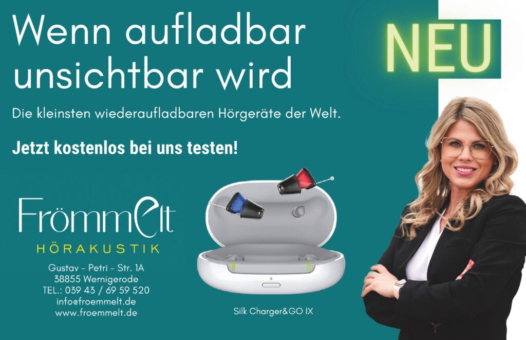 Werbung für unsichtbare wiederaufladbare Hörgeräte von Frömmelt.