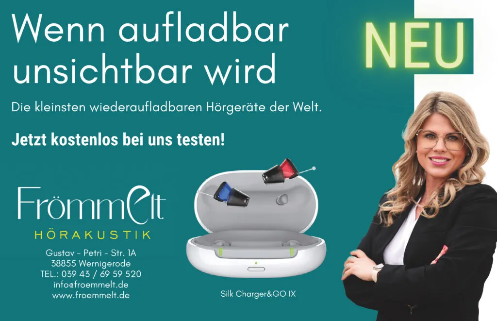 Werbung für unsichtbare wiederaufladbare Hörgeräte von Frömmelt.