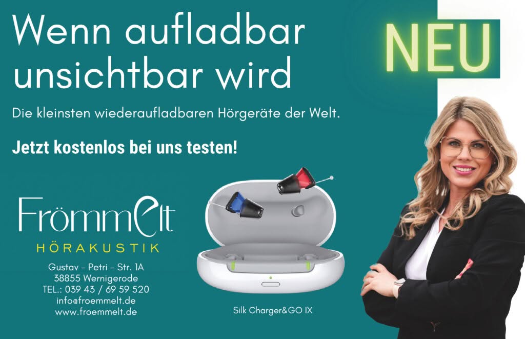 Werbung für unsichtbare wiederaufladbare Hörgeräte von Frömmelt.